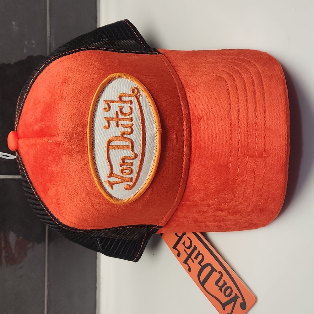 Von Dutch Orange "Suede" Logo Patch Trucker Hat